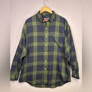 Chaps Ralph Lauren Men's Olive Green Navy Blue Plaid Long Sleeve Button-Up Shirt